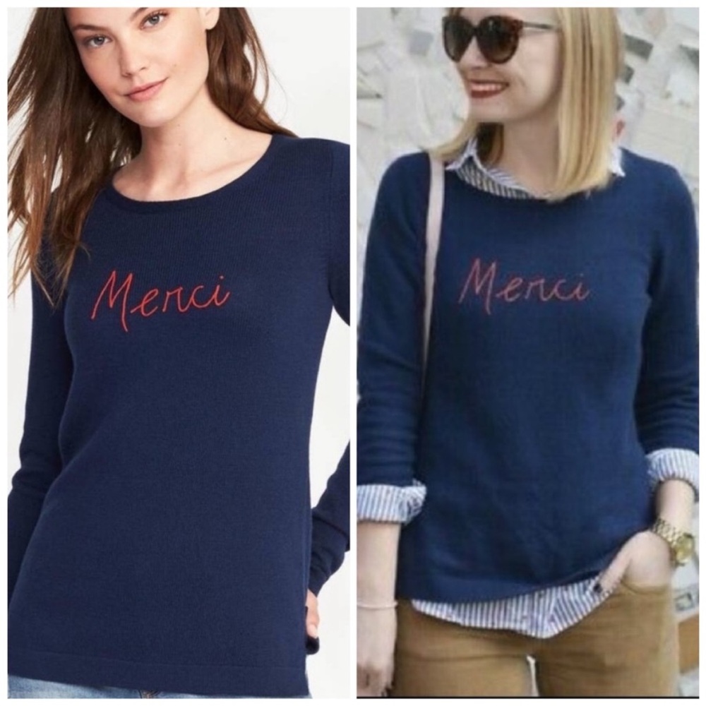 Old Navy Blue Merci Graphic Embroidered Crew Neck Pullover EUC